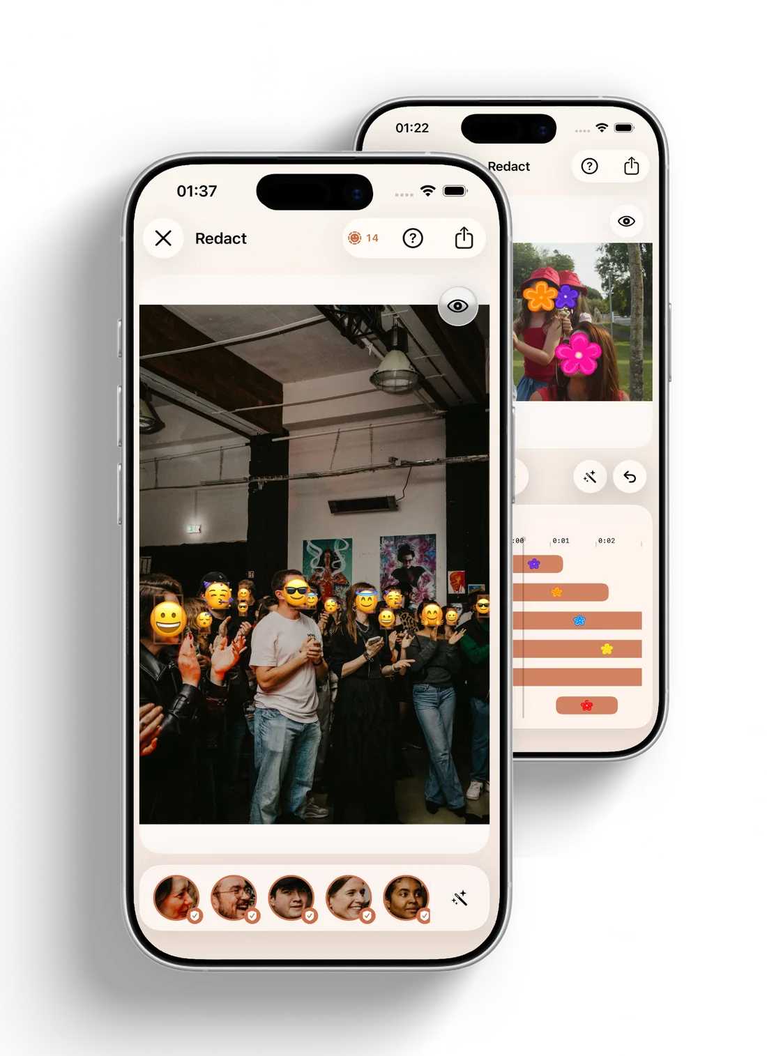 Redact on two iPhones: a crowd photo with every face covered by an emoji, and a video with one anonymisation track per person